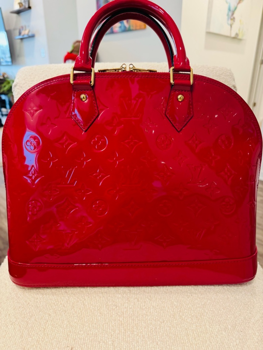 Louis Vuitton Bright Red Vernis Alma Satchel with Gold Hardware